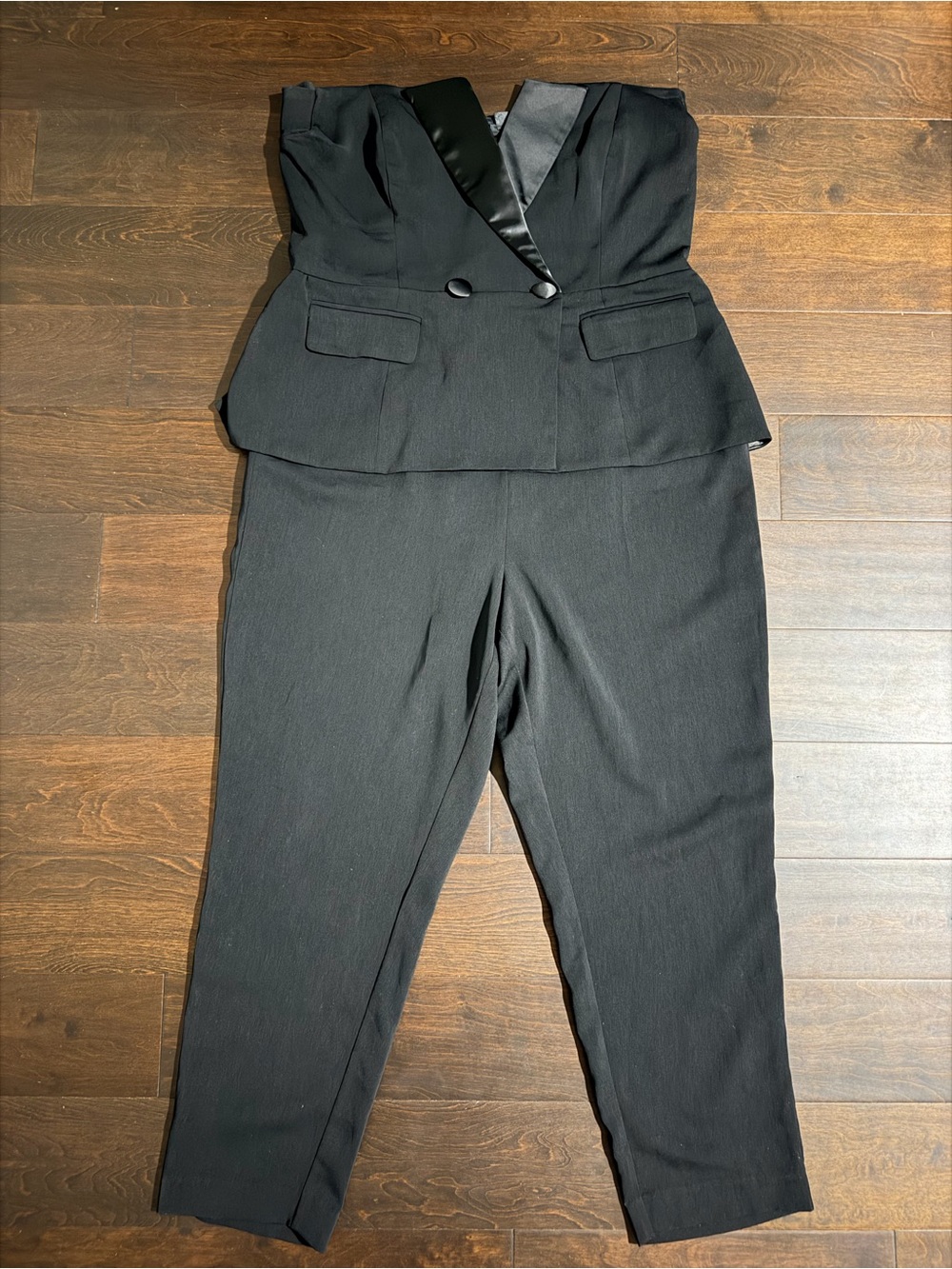 City Chic Black Strapless Tailored Jumpsuit with Satin Lapel